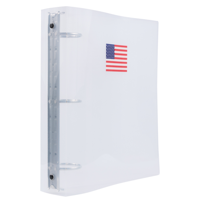 10 1/4 x 2 x 11 1/2 Plastic 2 inch Binder, American Flag 3 Ring Binder (Pack of 1) Clear
