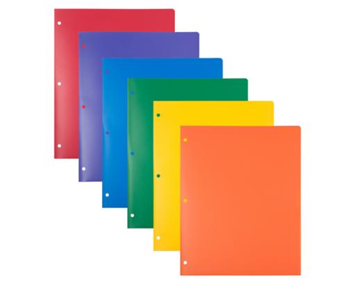 Two Pocket 3 Hole Punch Heavy Duty Plastic Presentation Folders (Pack of 6) Assorted