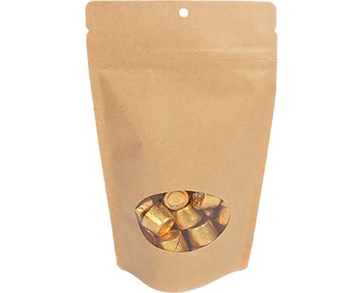 5 1/8 x 3 1/8 x 8 1/8 Stand Up Zipper Pouch w/Oval Window & Hang Hole (Pack of 100) Brown Kraft
