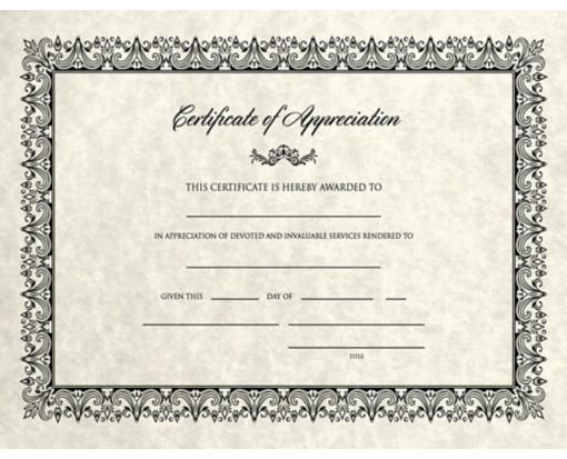 8 1/2 x 11 Certificate Cream Parchment - Appreciation