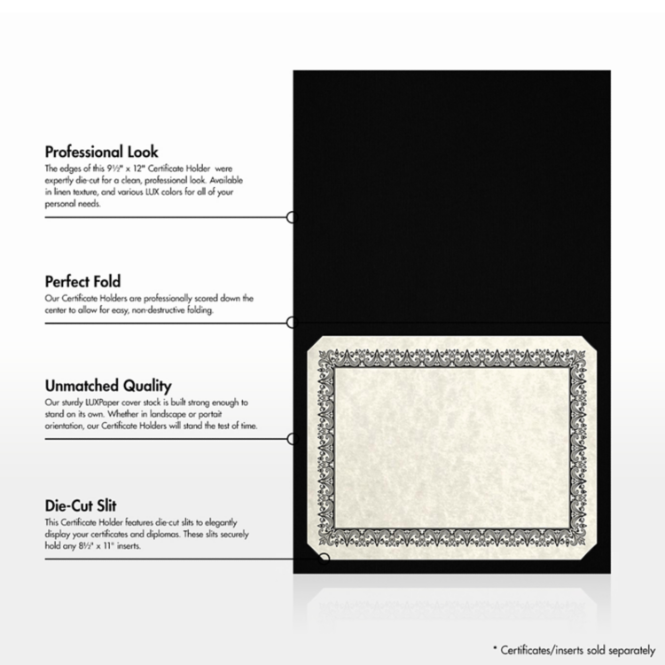 9 1/2 x 12 Certificate Holder Black Linen - Gold Foil Floral Border