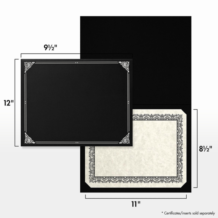 9 1/2 x 12 Certificate Holder Black Linen - Silver Foil Floral Border