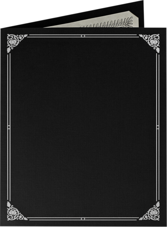 9 1/2 x 12 Certificate Holder Black Linen - Silver Foil Floral Border