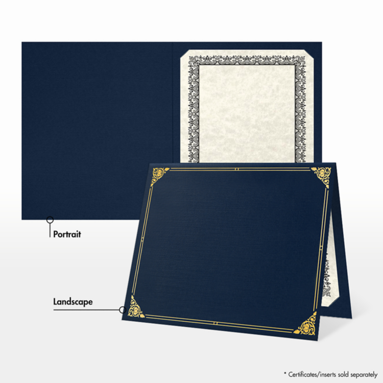 9 1/2 x 12 Certificate Holder Nautical Blue Linen - Gold Foil Floral Border