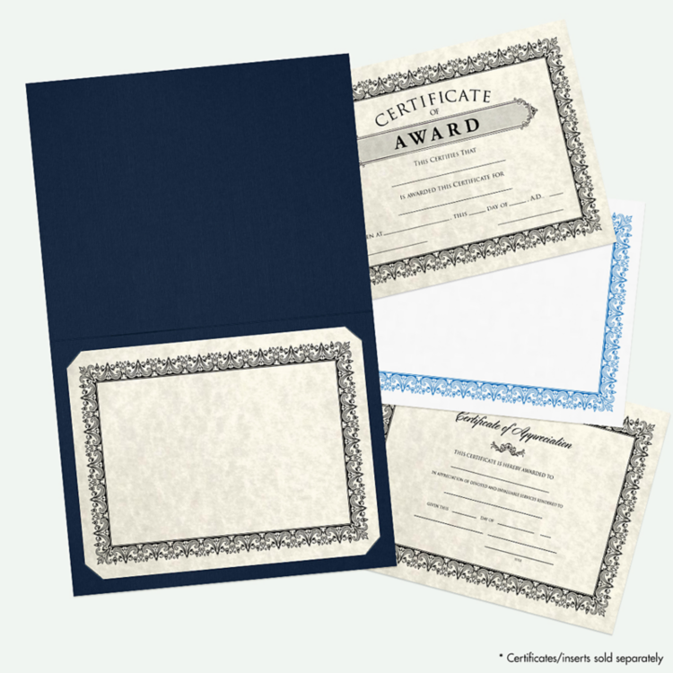 9 1/2 x 12 Certificate Holder Nautical Blue Linen - Silver Foil Floral Border