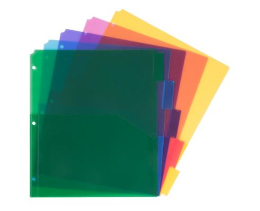 11 1/2 x 1/10 x 9 3/4 Plastic Index 5-Tab Dividers w/ Double Pockets (Pack of 5) Assorted