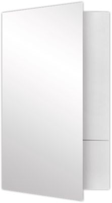 Legal Size folders in White Gloss with a standard two pocket design measure 9" x 14 1/2" and are perfect for holding legal size 8 1/2" x 14" paper and documents used by attorneys, mortgage lenders, title companies and other agencies that work with legal documents. The two interior pockets measure 4" in height and the right pocket features card slits to securely hold and display standard size business cards (3 1/2" x 2"). Both pockets are also die-cut in a v-split style to prevent buckling when opening and closing the covers. This folder is created from durable 14pt. cover stock in a bright white color, with an ultra smooth and high-shine glossy finish. The square corners of this legal size presentation folder were expertly die-cut for a clean, professional look.
