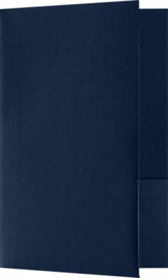 Small Presentation Folders in Blue Linen with a standard two pocket design measure 5 3/4" x 8 3/4" and are constructed the same way as larger folders, only smaller. Use Small Presentation Folders for holding 5 1/2" x 8 1/2" or smaller pamphlets, stepped inserts and more. The two interior pockets measure 3" in height and the right pocket features card slits to securely hold and display standard size business cards (3 1/2" x 2"). This folder is created from thick, durable 100lb. cover stock in a classic, dark blue color with a high-quality linen texture. The square corners of this small size presentation folder were expertly die-cut for a clean, professional look.