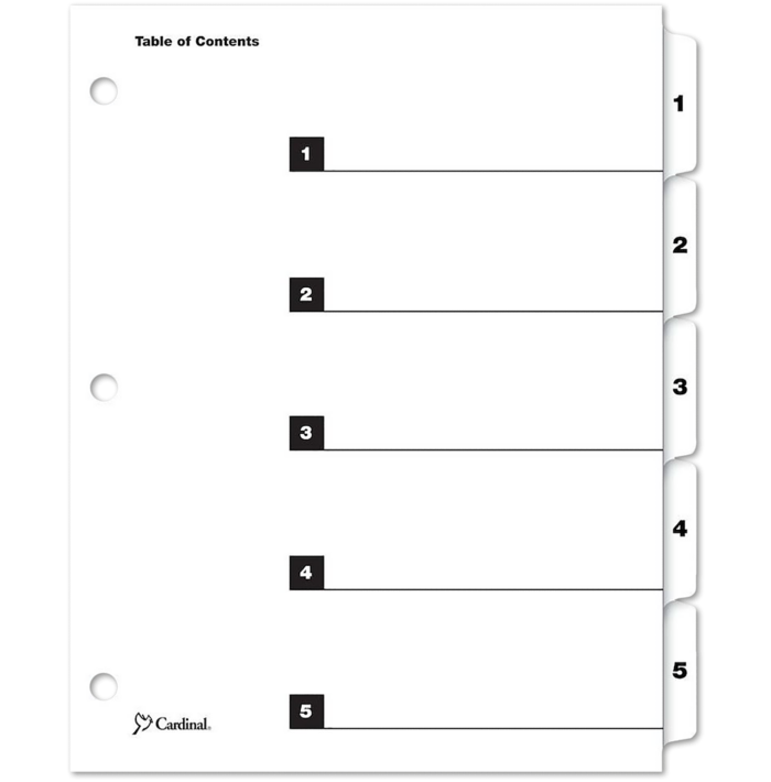 Printable Table of Contents Dividers (5 Tab) White
