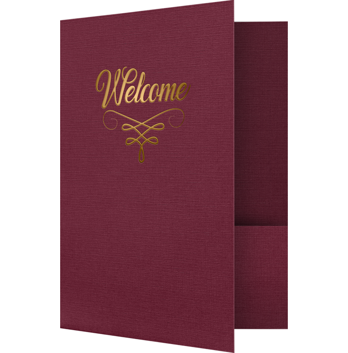 9 x 12 Welcome Folder Burgundy Linen - Gold Foil Flourish