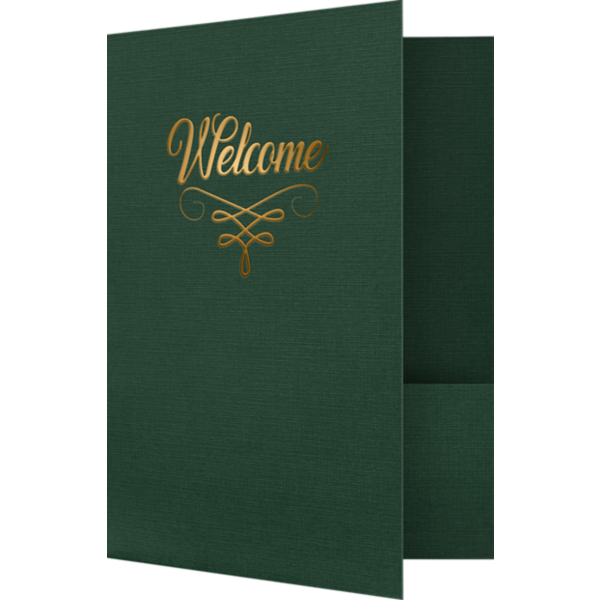 9 x 12 Welcome Folder Green Linen - Gold Foil Flourish
