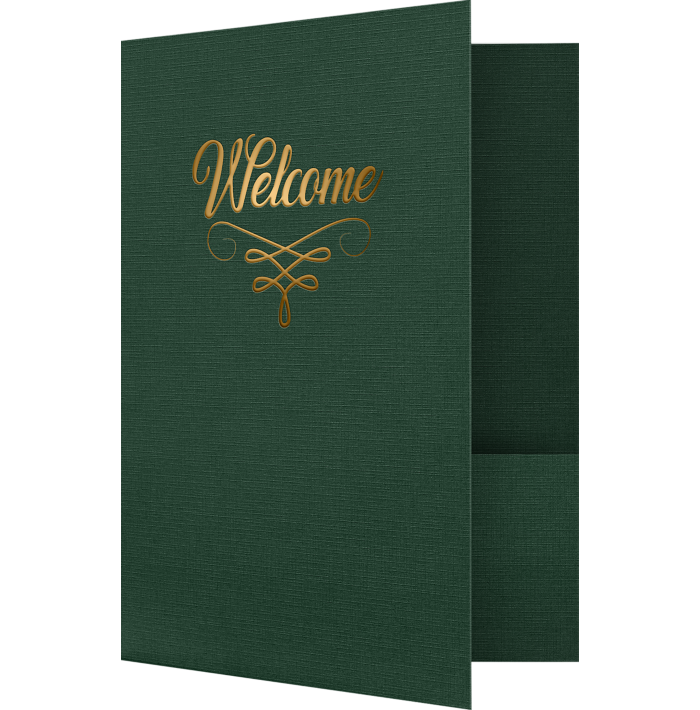 9 x 12 Welcome Folder Green Linen - Gold Foil Flourish
