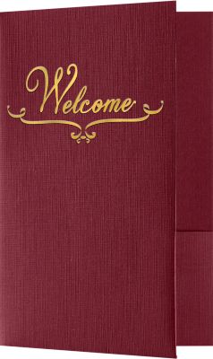 Welcome Folders in Burgundy Linen are small presentation folders with a standard two pocket design and measure 5 3/4" x 8 3/4" and are constructed the same way as larger folders, only smaller. These folders feature a gold foil stamped design on the front cover which reads, "Welcome". Churches, Organizations, Educational Institutions and Charities use Small Presentation Folders for holding 5 1/2" x 8 1/2" or smaller pamphlets, stepped inserts and more. The two interior pockets measure 3" in height and the right pocket features card slits to securely hold and display standard size business cards (3 1/2" x 2"). This folder is created from thick, durable 100lb. cover stock in a classic, dark red color with a high-quality linen texture. The square corners of this small size presentation folder were expertly die-cut for a clean, professional look.
