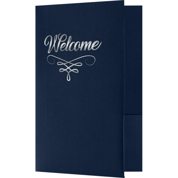 6 x 9 Welcome Folder Dark Blue Linen - Silver Foil Flourish