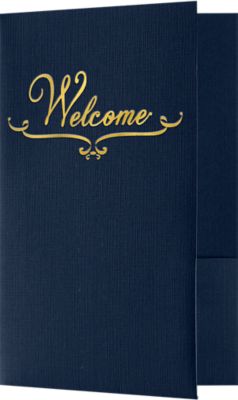 Welcome Folders in Dark Blue Linen are small presentation folders with a standard two pocket design and measure 5 3/4" x 8 3/4" and are constructed the same way as larger folders, only smaller. These folders feature a gold foil stamped design on the front cover which reads, "Welcome". Churches, Organizations, Educational Institutions and Charities use Small Presentation Folders for holding 5 1/2" x 8 1/2" or smaller pamphlets, stepped inserts and more. The two interior pockets measure 3" in height and the right pocket features card slits to securely hold and display standard size business cards (3 1/2" x 2"). This folder is created from thick, durable 100lb. cover stock in a classic, deep blue color with a high-quality linen texture. The square corners of this small size presentation folder were expertly die-cut for a clean, professional look.