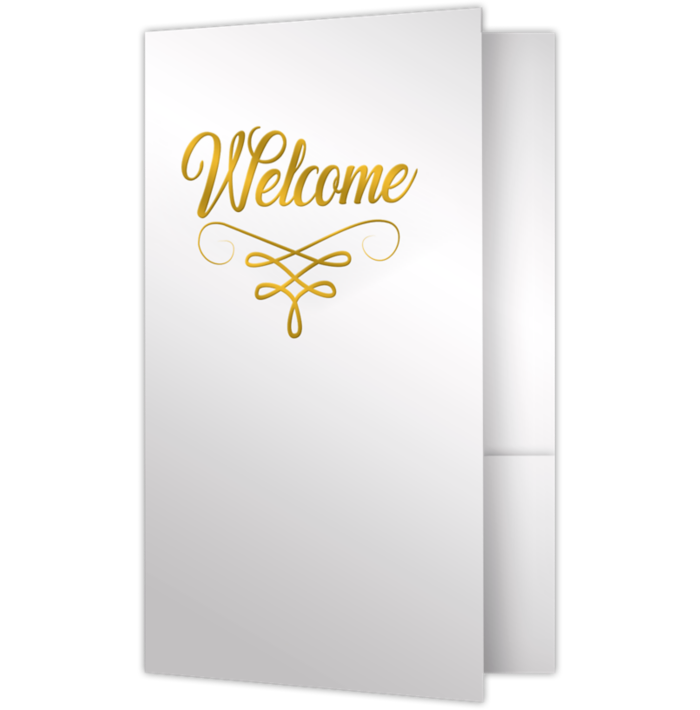 6 x 9 Welcome Folder Bright White Gloss w/ Gold Foil